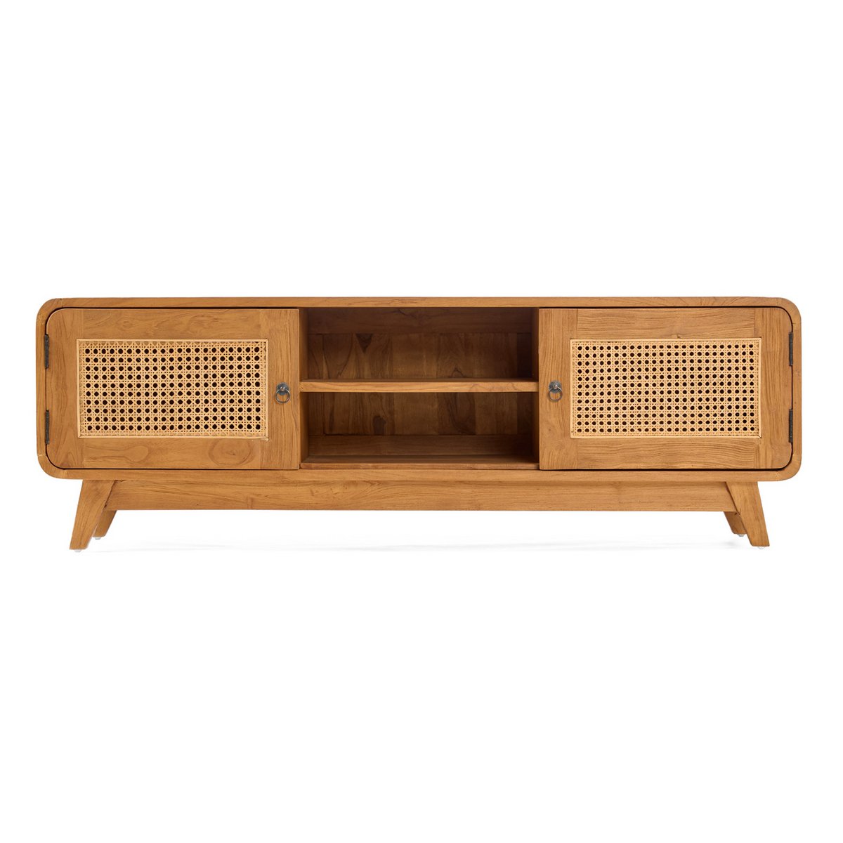 TV cabinet, teak and rattan - natural - 150 cm wide