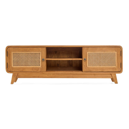 TV cabinet, teak and rattan - natural - 150 cm wide