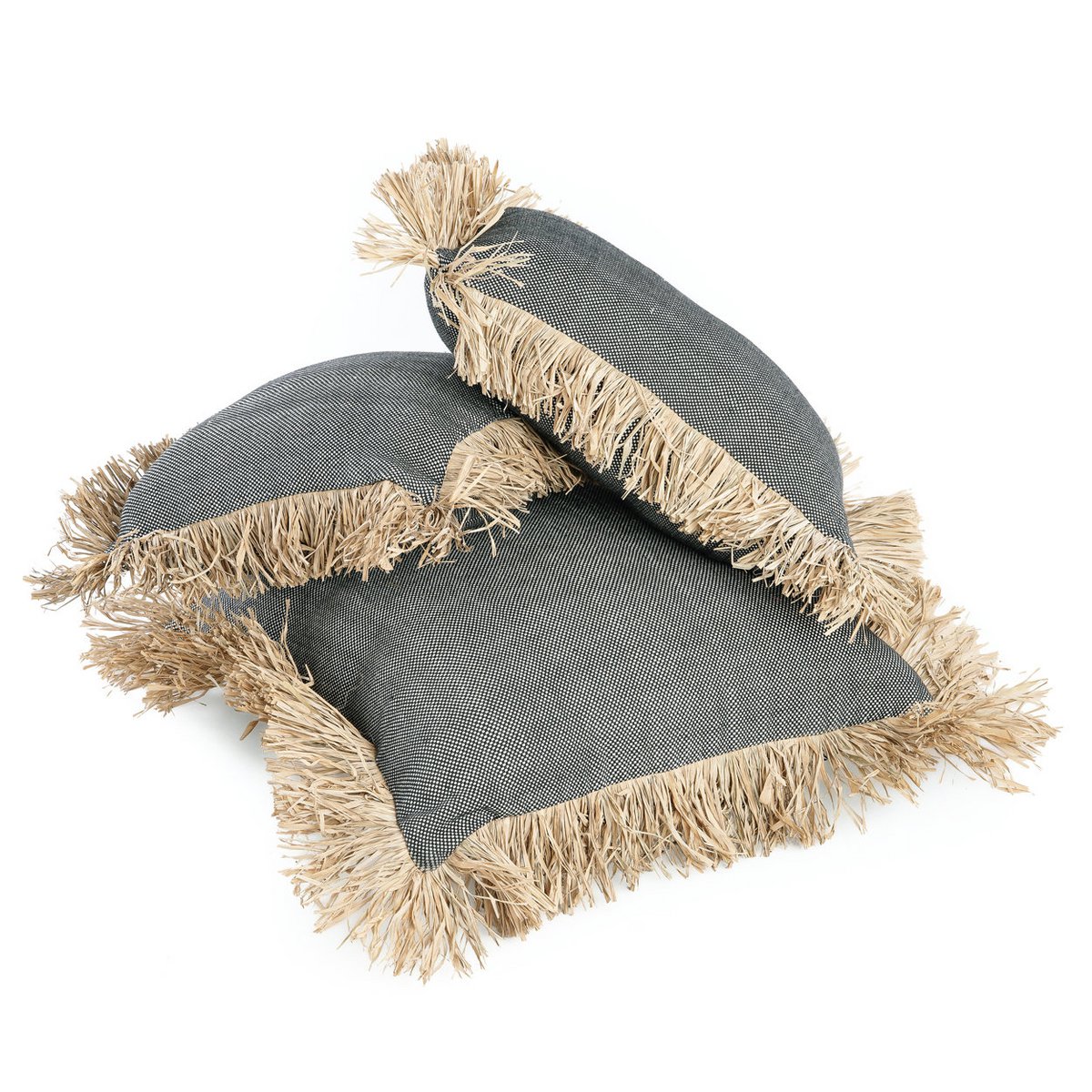 Cotton cushion cover with raffia fringe, 30×50 cm - Black dotted