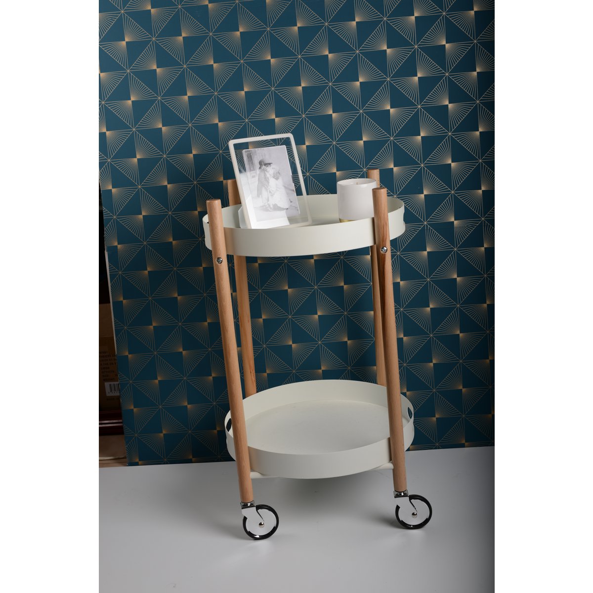 Wood and white rolling trolley, 42 × 69 × 33 cm