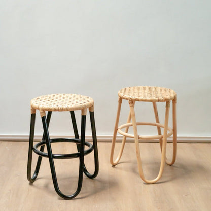 Rattan stool KOLAKA black Ø35 cm - three-legged woven seat