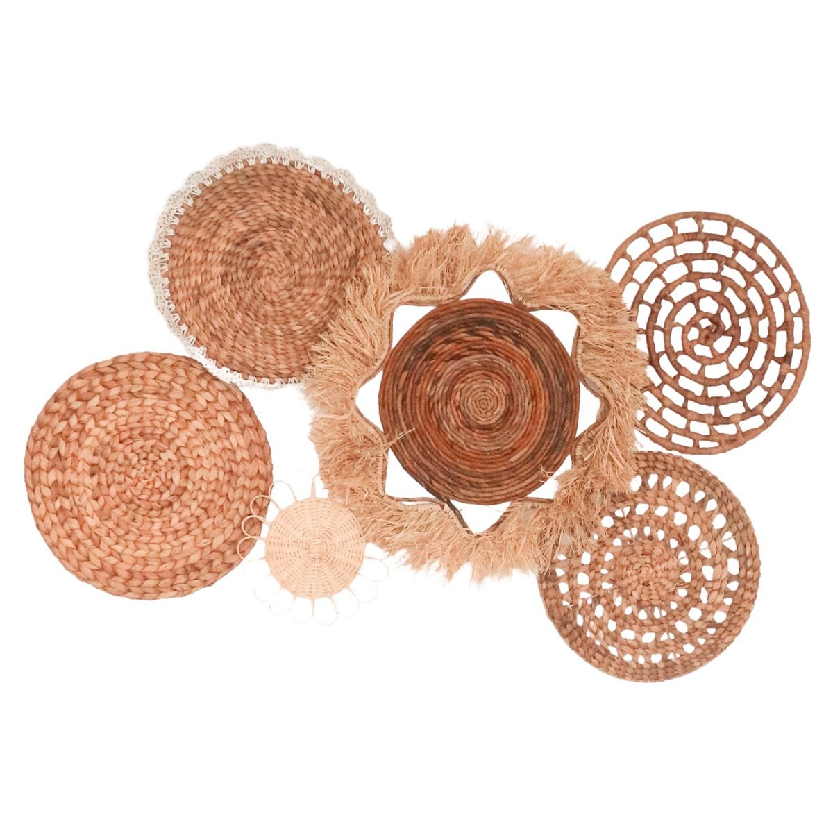 Mixed woven wall decor set of 6 – rattan, raffia & seagrass